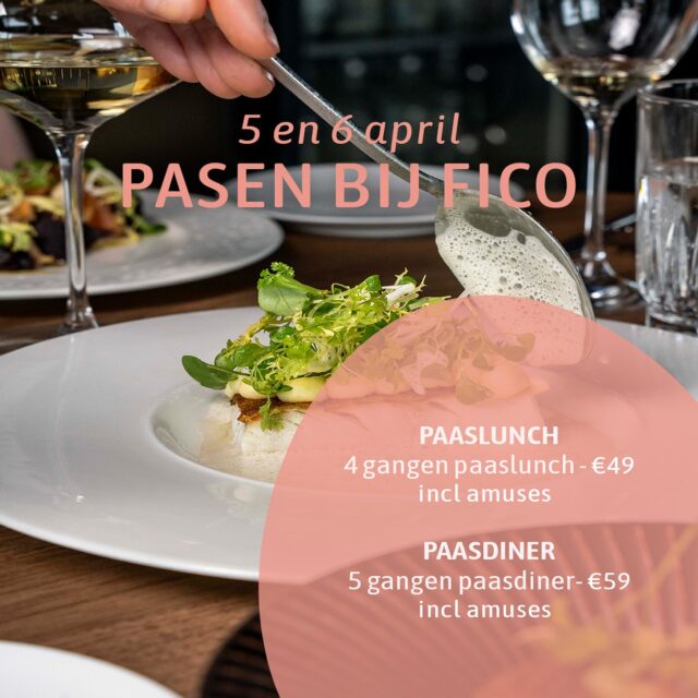 Pasen bij Fico 🌼
Op 5 & 6 april serveren we een 4 gangen paaslunch met amuses voor €49 p.p. en op 5 april kun je ’s avonds aanschuiven voor een 5 gangen paasdiner met amuses voor €59 p.p.

Vier het voorjaar met mooie smaken en goed gezelschap 🥂

Reserveer je tafel en vier Pasen bij Fico.